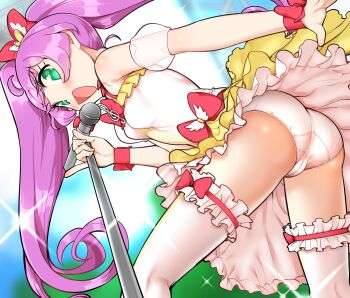 1girl :d ahoge ass blush bow cameltoe cowboy_shot dress from_behind green_eyes hair_bow highres long_hair looking_at_viewer manaka_laala oniku_(oniku029029mm) open_mouth pink_bow pretty_series pripara purple_hair smile solo thighhighs twintails upskirt