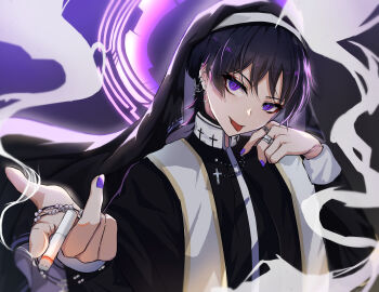 1boy backlighting bead_bracelet beads black_background black_sleeves black_veil blunt_ends bracelet cassock cigarette cleric clerical_collar coif collar cosplay cross cross_earrings ear_piercing earrings eyelashes eyeliner eyeshadow genshin_impact halo halo_behind_head hand_on_own_face hands_up head_tilt highres holding holding_cigarette jewelry long_sleeves looking_at_viewer makeup male_focus middle_ring multiple_rings piercing pointing pointing_at_viewer purple_background purple_eyes purple_halo purple_nails purple_pupils red_eyeliner red_eyeshadow renkon_25251020 ring ringed_eyes scaramouche_(genshin_impact) smoke solo stole tongue tongue_out tsurime two-tone_background upper_body veil white_collar wispy_bangs