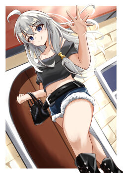 1girl absurdres ahoge bag bare_shoulders black_boots black_shirt blue_eyes blush boots breasts cleavage closed_mouth collarbone commentary_request denim denim_shorts elaina_(majo_no_tabitabi) grey_hair gurin_(cakx8782) hair_between_eyes highres long_hair looking_at_viewer majo_no_tabitabi medium_breasts midriff shirt short_shorts shorts smile solo witch