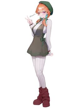 1girl absurdres beret commentary dress_over_shirt earrings english_commentary feather_earrings feathers full_body green_hat hat highres hololive hololive_english jewelry looking_at_viewer low_twintails official_alternate_costume orange_hair purple_eyes ribbed_pantyhose shirt_under_dress simple_background smile solo takanashi_kiara takanashi_kiara_(winter_casual) twintails twitter_username v virtual_youtuber white_background yoellim5