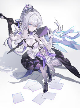 1girl asymmetrical_gloves bare_shoulders black_gloves blue_eyes book breasts bright_pupils cleavage closed_mouth commentary dress full_body gloves hair_between_eyes hashtag-only_commentary high_heels highres holding holding_book holding_sword holding_weapon honkai_(series) honkai_impact_3rd kiana_kaslana kiana_kaslana_(herrscher_of_flamescion) kiana_kaslana_(time_runner) long_hair looking_at_viewer medium_breasts mismatched_gloves multicolored_hair neon_(pixiv_31150749) official_alternate_costume one_eye_closed ponytail roman_numeral shadow smile solo standing streaked_hair sword very_long_hair weapon white_dress white_gloves white_hair white_pupils white_tiara