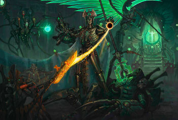 6+others absurdres casting_spell energy energy_ball energy_weapon energy_wings highres holding holding_polearm holding_scythe holding_weapon humanoid_robot implied_after_fight indoors kheljay looking_at_viewer magic multiple_others necron non-humanoid_robot polearm robot scythe warhammer_40k weapon