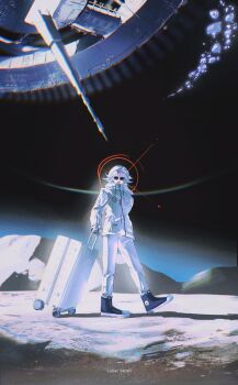 1boy :d absurdres aotsuki_eito black_gloves black_shoes breast_pocket chinese_commentary commentary english_text glint gloves grey_hair highres holding holding_suitcase jacket looking_at_viewer male_focus on_moon open_mouth pants pocket rolling_suitcase sakrabbit satellite shoes short_hair sleeve_pouch smile solo suitcase sunglasses teeth the_hundred_line_-last_defense_academy- upper_teeth_only walking watermark white_jacket white_pants