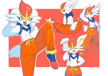 1girl :< ^^^ animal_feet animal_hands animal_nose arm_behind_back arm_up artist_name back barefoot blue_fur blush body_fur border bright_pupils buck_teeth cinderace closed_eyes clothed_pokemon clothing_cutout cowboy_shot cropped_legs drawstring facing_viewer female_focus fighting_stance flat_chest from_behind full_body furry furry_female gen_8_pokemon hand_on_own_hip hand_up happy happy_aura highres indian_style j.jama leg_up light_blush looking_afar looking_back multiple_views nintendo notice_lines open_mouth orange_pants outside_border pants pokemon pokemon_(creature) rabbit_ears rabbit_girl rabbit_tail red_background red_eyes red_fur red_hair shading_eyes short_hair short_tail simple_background sitting smile standing standing_on_one_leg sweat tail tail_through_clothes teeth topless_female track_pants twitter_username watermark white_border white_fur white_pupils yellow_fur