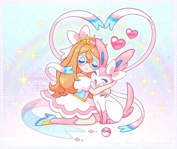 1girl artist_self-insert atom_palace blue_eyeshadow blue_shoes closed_eyes dress eyeshadow gen_6_pokemon glasses heart highres hug long_hair love_ball makeup nintendo orange_hair original pastel_colors poke_ball pokemon pokemon_(creature) ribbon round_eyewear shoes sitting sparkle sylveon tiara watermark yume_kawaii