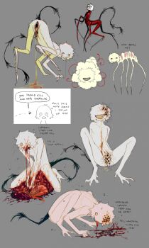 :o absurdres animal_feet arthropod_limbs black_tail blood blood_on_face blood_on_tongue bug colored_skin colored_teeth commentary drooling english_commentary english_text fly grey_background grin guro highres hole_in_crotch hole_in_face implied_rape insect intestines jejejunum maggot misplaced_genitals monster monster_boy mouth_on_crotch multiple_views no_eyes no_nose nude open_mouth organs original pussy_mouth simple_background sketch_inset smile squatting teeth tongue tongue_out trypophobia vomit vomiting what white_skin yellow_teeth