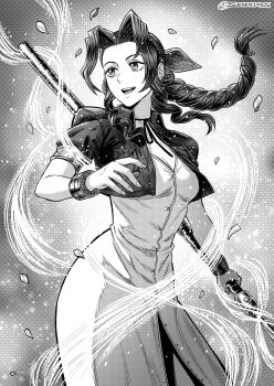 1girl absurdres aerith_gainsborough black_choker braid braided_ponytail breasts buttons center_opening choker cleavage commentary cowboy_shot cropped_jacket dress falling_petals final_fantasy final_fantasy_vii floating_hair greyscale hair_ribbon highres holding holding_staff lifestream long_dress long_hair medium_breasts monochrome open_mouth parted_bangs petals puffy_short_sleeves puffy_sleeves ribbon ribbon_choker screentones seveninks short_sleeves sidelocks silver_bangle single_braid smile solo staff twitter_username wavy_hair