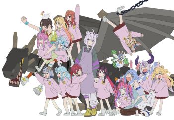 6+girls absurdres ahoge amane_kanata animal_ears apron azki_(hololive) braid cat_ears cat_tail double_bun dragon eyepatch fairy fang hair_bun heart heart_ahoge highres himemori_luna holding_hands hololive hololive_dev_is horns houshou_marine ichijou_ririka imamura_ryou kikirara_vivi kindergarten_uniform la+_darknesss long_hair minecraft mizumiya_su momosuzu_nene multiple_girls nekomata_okayu nekomata_okayu_(1st_costume) omaru_polka oozora_subaru oozora_subaru_(1st_costume) otonose_kanade pekomama rabbit_ears riding_dragon smile subaru_duck tail twin_braids usada_pekora usada_pekora_(1st_costume) virtual_youtuber white_background yukihana_lamy