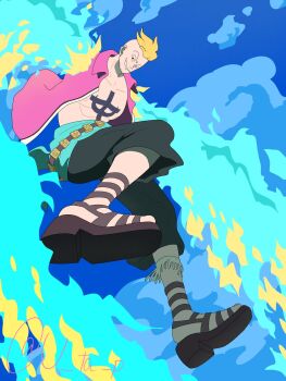 Rule 34 | 1boy, abs, alternate form, beard stubble, black pants, blonde hair, blue sash, blue sky, blue wings, chest tattoo, collared shirt, commentary request, facial hair, fire, full body, highres, male focus, marco (one piece), one piece, pants, purple shirt, sandals, sash, shirt, short hair, sky, smile, solo, stubble, tattoo, twitter username, u ta p, wings