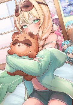 Rule 34 | 2girls, absurdres, azki (hololive), blonde hair, braid, cellphone, character doll, doll, eye mask, green eyes, green jacket, highres, hololive, hoshimachi suisei, jacket, jakoten (pixiv 54744064), kazama iroha, mask, midriff peek, multiple girls, phone, pokobee, poster (object), purple eyes, shorts, sleepwear, smartphone, strap slip, taking picture, virtual youtuber