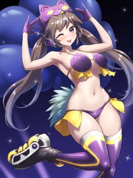 1 1girl :p animal_ears bikini breasts carnival cat_ears duel_monster female gloves i:p_masquerena large_breasts looking_at_viewer one_eye_closed pataneet roller_skates skates solo solo_focus swimsuit thighhighs tongue tongue_out twintails wink yu-gi-oh!