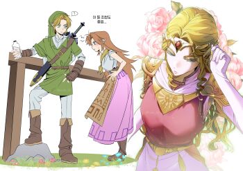 Rule 34 | >:(, 1boy, 2girls, :t, absurdres, aged up, belt, blonde hair, blue eyes, boots, bottle, breasts, brown belt, brown boots, brown hair, closed mouth, colored eyelashes, dress, elbow gloves, fence, fingerless gloves, flower, full body, gloves, green tunic, hashtag-only commentary, highres, holding, holding bottle, jewelry, knee boots, korean commentary, korean text, link, long hair, long skirt, looking at another, malon, milk bottle, multiple girls, nintendo, pants, pink dress, pink flower, pink rose, pink skirt, pointy ears, pout, princess zelda, roido 0, rose, sheath, sheathed, short sleeves, sidelocks, simple background, skirt, small breasts, standing, sword, sword on back, the legend of zelda, the legend of zelda: ocarina of time, translation request, tunic, uneven footing, v-shaped eyebrows, weapon, weapon on back, white background, white gloves, white pants, wooden fence