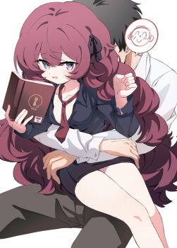 Rule 34 | 1boy, 1girl, absurdres, black hair, black ribbon, black shirt, black skirt, blue archive, blush, book, breasts, brown hair, brown pants, chinese commentary, collarbone, collared shirt, commentary request, doodle sensei (blue archive), eyes visible through hair, feet out of frame, fluffy hair, grey eyes, hair between eyes, hair ribbon, hands up, hetero, highres, holding, holding book, hug, hug from behind, iroha (blue archive), legs, long hair, looking at viewer, meng yin, necktie, no headwear, open book, open clothes, open mouth, open shirt, pants, pencil skirt, red hair, red necktie, ribbon, sensei (blue archive), shirt, short hair, simple background, sitting, sitting on lap, sitting on person, skirt, small breasts, smile, speech bubble, thighs, very long hair, white background, white shirt