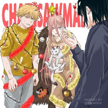 1girl 2boys animal black_hair blonde_hair breasts brown_romper candy candy_cane cat chainsaw_man christmas christmas_lights christmas_ornaments christmas_tree coat commentary_request copyright_name cow cross-shaped_pupils demon_girl denji_(chainsaw_man) earrings food grey_coat grey_pants h9r9h9r9 hair_between_eyes hayakawa_aki highres holding holding_animal holding_cat horns jewelry long_hair medium_breasts medium_hair meowy_(chainsaw_man) multiple_boys pants parted_lips pink_hair pochita_(chainsaw_man) power_(chainsaw_man) red_eyes red_horns romper sharp_teeth short_hair sweatdrop sweater symbol-shaped_pupils teeth twitter_username white_background yellow_sweater