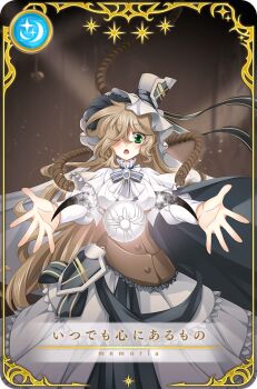 1girl armor artist_request black_bow black_bowtie black_cape blonde_hair bow bowtie brooch brown_corset cape capelet card_(medium) collared_capelet corset cowboy_shot dress faulds frilled_capelet frilled_headwear frills game_cg green_eyes hair_over_one_eye hat high_collar indoors jewelry lace-trimmed_corset light_particles light_rays long_dress long_hair looking_at_object magia_record:_mahou_shoujo_madoka_magica_gaiden magical_girl mahou_shoujo_madoka_magica mahou_shoujo_oriko_magica mikuni_oriko mikuni_oriko_(final_ver.) official_art orb outstretched_arms palms picture_frame rope solo star_(symbol) straight-on top_hat translated veil very_long_hair wavy_hair white_capelet white_hat white_veil wooden_wall