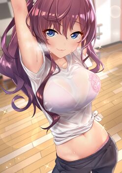 1girl absurdres armpits arms_up baffu blouse blue_eyes blurry bra_visible_through_clothes breasts depth_of_field exercising female_focus hair_between_eyes highres ichinose_shiki idolmaster idolmaster_cinderella_girls indoors large_breasts long_hair looking_at_viewer navel panties purple_hair see-through_clothes shirt smile solo sparkle sweat sweatdrop underwear wavy_hair white_shirt wooden_floor