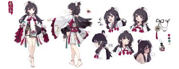1girl absurdres ai_si_te_yisheng_tui barefoot black_hair black_skirt blush reference_sheet chinese_clothes crying frilled_sleeves frills full_body hanfu highres incredibly_absurdres loli long_sleeves low_twintails multiple_views original pouch qixiong_ruqun red_eyes revealing_clothes sash skirt twintails wide_sleeves