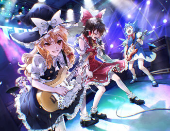 4girls aihara-rina apron ascot band_(music) black_hat black_shoes black_skirt black_vest blonde_hair bow bowtie braid brown_hair chinese_commentary cirno closed_mouth commentary_request detached_sleeves frilled_bow frilled_hair_tubes frilled_skirt frills grin guitar hair_bow hair_tubes hakurei_reimu hat hat_bow hat_ribbon highres holding holding_guitar holding_instrument holding_microphone instrument kirisame_marisa long_hair mary_janes microphone mob_cap multiple_girls music open_mouth puffy_short_sleeves puffy_sleeves purple_hair red_bow red_bowtie red_eyes red_skirt remilia_scarlet ribbon ribbon-trimmed_sleeves ribbon_trim shadow shirt shoes short_sleeves side_braid singing single_braid skirt skirt_set smile socks speaker stage stage_lights touhou vest waist_apron white_bow white_bowtie white_hat white_shirt white_socks witch_hat yellow_ascot yellow_eyes