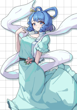 1girl absurdres arm_behind_back blue_dress blue_eyes blue_hair chisel closed_mouth collared_vest commentary_request dress drill_hair drill_sidelocks feixianji_(hairstyle) flower frilled_skirt frilled_sleeves frills grid_background hagoromo hair_ornament hair_rings hair_stick hand_up highres kaku_seiga long_dress looking_at_viewer open_clothes open_vest pink_flower puffy_short_sleeves puffy_sleeves shawl short_hair short_sleeves sidelocks skirt solo standing suzukiairi0001 touhou vest white_background white_vest