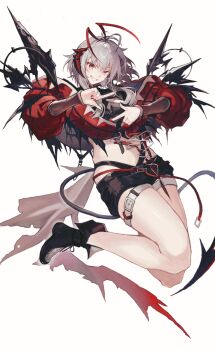 Rule 34 | 1girl, antenna hair, arknights, belt, black boots, black shorts, black tube top, boots, breasts, commentary request, cross-shaped pupils, demon girl, demon horns, demon tail, finger frame, full body, grey hair, grin, half-closed eye, hands up, highres, horns, ito (1t0s), jacket, jumping, long hair, long sleeves, looking at viewer, multicolored hair, nail polish, navel, orange eyes, puffy long sleeves, puffy sleeves, red horns, red jacket, red nails, red streaks, shorts, simple background, smile, solo, strapless, streaked hair, symbol-shaped pupils, tail, thigh belt, thigh strap, tube top, uneven eyes, w (arknights), white background, wis'adel (arknights)
