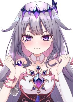 1girl :3 absurdres blush chest_jewel closed_mouth collar colored_inner_hair commentary_request detached_collar dress grey_hair hair_flaps highres hololive hololive_english jewel_under_eye kasutera_mikan koseki_bijou koseki_bijou_(1st_costume) long_hair looking_at_viewer multicolored_hair pink_hair purple_eyes sidelocks smile solo very_long_hair virtual_youtuber white_collar white_dress