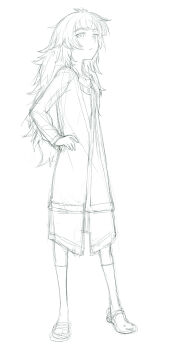 1girl asymmetrical_footwear blunt_bangs crocs dress full_body hand_on_own_hip highres hiyajou_maho jacket_over_jacket kneehighs long_hair looking_at_viewer menomorute messy_hair mismatched_footwear monochrome science_adventure simple_background socks solo standing steins;gate steins;gate_0 very_long_hair white_background