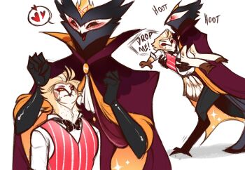 2boys appleparty_sins black_feathers demon_boy feathers formal_clothes furry furry_male hazbin_hotel hellaverse helluva_boss highres lucifer_morningstar_(hazbin_hotel) multiple_boys owl_boy paimon_(helluva_boss) yellow_feathers