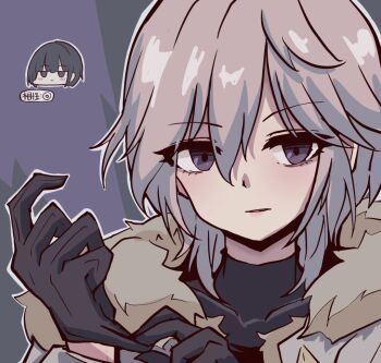 2girls adjusting_clothes adjusting_gloves anastasia_(idolmaster) black_background black_gloves black_hair black_shirt chibi chibi_inset commentary_request covered_collarbone fur-trimmed_jacket fur_trim glove_pull gloves grey_eyes grey_hair grey_jacket grey_outline hair_between_eyes hands_up idolmaster idolmaster_cinderella_girls jacket jitome kawamochi_(kawauti919) long_sleeves looking_at_viewer multicolored_hair multiple_girls outline purple_background shirayuki_chiyo shirt solo_focus two-tone_hair upper_body