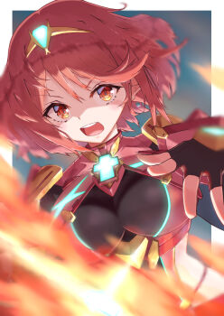 1girl black_gloves bob_cut border breasts chest_jewel commentary_request core_crystal_(xenoblade) fingerless_gloves fire gloves highres large_breasts looking_at_viewer open_mouth outside_border partial_commentary pyra_(xenoblade) red_eyes red_hair short_hair solo strail_cycleman teeth tiara upper_body upper_teeth_only white_border xenoblade_chronicles_(series) xenoblade_chronicles_2