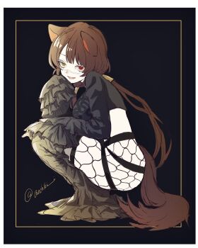 1girl animal_ears black_background brown_hair crop_top dog_ears dog_girl dog_tail fishnets heterochromia hiro0930 inui_toko nijisanji sleeves_past_fingers sleeves_past_wrists squatting tail virtual_youtuber