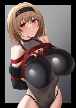 Rule 34 | 1girl, absurdres, armpit crease, arms behind back, bare shoulders, bdsm, black border, black hairband, black leotard, black sleeves, bondage, border, bound, breasts, brown hair, choppy bangs, closed mouth, commentary request, covered collarbone, covered navel, detached sleeves, fleur racine, furrowed brow, goddess of victory: nikke, gradient background, grey background, groin, hair between eyes, hair intakes, hairband, highres, huge breasts, lace bodysuit, leotard, long bangs, looking at viewer, looking to the side, medium hair, o-ring, o-ring bottom, outside border, red eyes, red shoes (nikke), restrained, shibari, smile, solo, upper body
