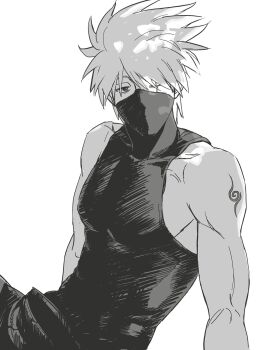 1boy greyscale hashtag-only_commentary hatake_kakashi highres looking_at_viewer male_focus mask monochrome mouth_mask mtk066621 naruto_(series) one_eye_closed scar scar_across_eye scar_on_face shirt short_hair shoulder_tattoo sleeveless sleeveless_shirt solo tattoo