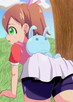 1girl all_fours ass bent_over bike_shorts bike_shorts_under_skirt brown_hair from_behind gloves green_eyes highres huge_ass legs open_mouth saru_getchu sayaka_(saru_getchu) skirt solo sony thick_thighs thighs twintails