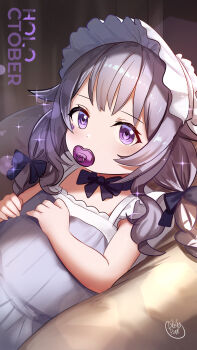 Rule 34 | 1girl, aged down, baby, blush, bonnet, braid, commentary, cradle, dreadpunk, dress, english commentary, grey hair, highres, hololive, hololive english, jewel under eye, koseki bijou, light particles, long hair, looking at viewer, pacifier, purple dress, purple hair, solo, twin braids, virtual youtuber, white bonnet