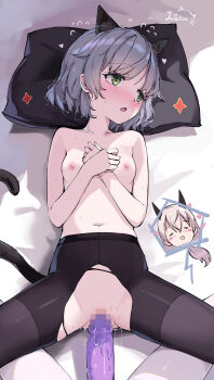 2girls animal_ears black_pantyhose blush breasts cat_ears cat_tail censored closed_eyes collarbone commentary dildo eila_ilmatar_juutilainen english_commentary flying_sweatdrops fox_ears green_eyes grey_hair highres imminent_penetration implied_strap-on liclac loli long_hair lying mixed-language_commentary mosaic_censoring multiple_girls navel nipples on_back open_mouth pantyhose pillow sanya_v._litvyak sex_toy short_hair small_breasts smile strike_witches tail torn_clothes torn_pantyhose world_witches_series yuri