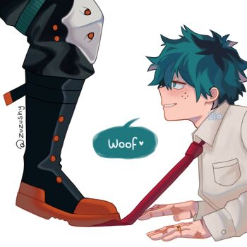bakudeku bakugou_katsuki barking bent_over blush boku_no_hero_academia boots freckles green_hair highres midoriya_izuku necktie shirt smile teacher yaoi zuzushy