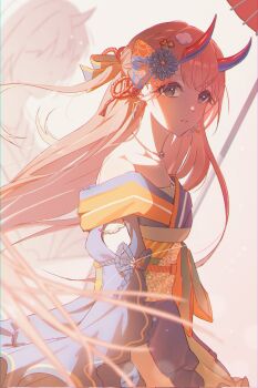 bare_shoulders brown_hair commentary_request earrings grey_eyes hair_ornament hanasato_minori highres horns japanese_clothes jewelry kimono long_hair looking_at_viewer necklace official_alternate_costume official_alternate_hairstyle oil-paper_umbrella pegasus_flowers project_sekai shinnen_kotohogu_inori_no_mai_(project_sekai) strapless umbrella upper_body very_long_hair white_background