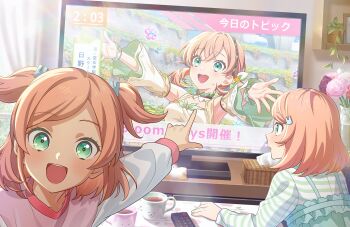 3girls :d aqua_eyes armpits bare_shoulders blue_dress collarbone controller detached_sleeves dress game_cg green_shirt hair_ornament highres hinoshita_futaba hinoshita_kaho hinoshita_minori hitoyo_ni_yume_ga_saku_you_ni indoors link!_like!_love_live! long_sleeves looking_at_viewer love_live! low_twintails multiple_girls non-web_source official_alternate_costume official_art open_mouth orange_hair outstretched_arms parted_bangs pinafore_dress pink_shirt pointing rabbit_hair_ornament remote_control shirt sleeveless sleeveless_dress smile striped_clothes striped_shirt television twintails two_side_up virtual_youtuber white_dress white_sleeves
