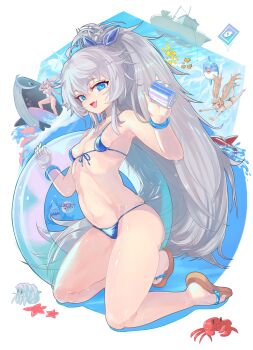 3girls a.c.p.u._(nikke) absurdres bikini blue_bikini blue_bow blue_eyes blue_nails bow bracelet can crab fang fish front-tie_bikini_top front-tie_top goddess_of_victory:_nikke grey_hair hair_bow hands_up happy highres holding holding_can holding_swim_ring innertube inugressive jewelry kneeling long_hair looking_at_viewer micro_bikini miranda_(nikke) multiple_girls nail_polish one-piece_swimsuit open_mouth poli_(nikke) ponytail puffer_fish quiry_(nikke) sandals shark shiny_skin ship starfish surfboard surfing swim_ring swimming swimsuit twintails very_long_hair water watercraft wet whale