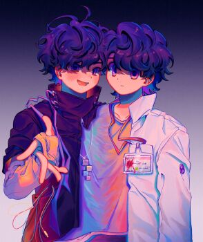 Rule 34 | 2boys, :d, black jacket, blood, blush, commentary request, conjoined, fang, gradient background, grey background, highres, houjou emu, jacket, jewelry, kamen rider, kamen rider ex-aid (series), korean commentary, lab coat, lanyard, looking at viewer, male focus, max (2n4 6h8), mole, mole under eye, multiple boys, necklace, open mouth, parad, pink eyes, pink shirt, purple eyes, purple hair, reaching, reaching towards viewer, shirt, short hair, smile, square pupils, tokusatsu