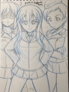 Rule 34 | 3girls, dated, garrison cap, geshiko (girls und panzer), girls und panzer, hat, highres, jacket, kojima emi, kuromorimine military uniform, kuromorimine school uniform, miniskirt, monochrome, multiple girls, school uniform, sheska (girls und panzer), skirt, twitter username, yohinori