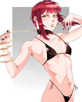 1girl absurdres bikini bikini_bottom_only black_bikini black_choker black_nails black_swimsuit blush braid braided_ponytail breasts chain chainsaw_man choker collar highleg highres jobin_chan lips looking_at_viewer makima_(chainsaw_man) nail_polish navel parted_lips red_hair ringed_eyes side-tie_bikini_bottom side-tie_clothing sidelocks simple_background small_breasts solo swimsuit yellow_eyes