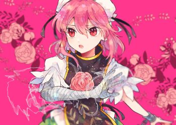 1girl bandaged_arm bandages black_ribbon bun_cover chain commentary_request double_bun flower hair_bun ibaraki_kasen itomugi-kun looking_to_the_side pink_background pink_hair red_eyes ribbon rose short_sleeves solo tabard touhou