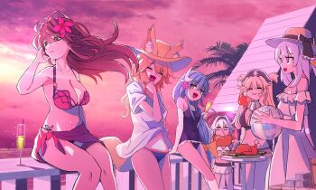 Rule 34 | 6+girls, animal ear fluff, animal ears, anne bonny (fate), anne bonny (swimsuit archer) (first ascension) (fate), ball, bare shoulders, beachball, bikini, black hat, blonde hair, blue eyes, blue one-piece swimsuit, breasts, closed eyes, cloud, commentary, dragon horns, dress, eating, fate/grand order, fate (series), flower, food, fox ears, fox girl, fox tail, green hair, grey hair, hair flower, hair ornament, hat, highres, holding, holding ball, holding beachball, horns, kiyohime (fate), kiyohime (swimsuit lancer) (second ascension) (fate), large breasts, marie antoinette (fate), marie antoinette (swimsuit caster) (second ascension) (fate), mary read (fate), mary read (swimsuit archer) (first ascension) (fate), meat, multiple girls, navel, notonaon, official alternate costume, one-piece swimsuit, open mouth, outdoors, pink flower, pink hair, pirate hat, purple bikini, sarong, scathach (fate), scathach (fate/grand order), scathach (swimsuit assassin) (fate), shirt, sky, smile, stomach, straw hat, sun hat, swimsuit, tail, tamamo no mae (fate), tamamo no mae (swimsuit lancer) (fate), twintails, white dress, white hair, white horns, white shirt