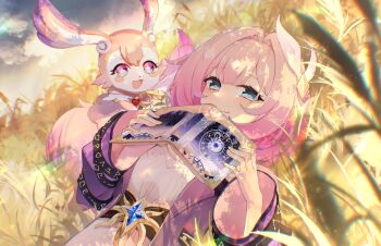 1girl blue_eyes book breasts commentary cyrene_(aedes_elysiae)_(honkai:_star_rail) cyrene_(honkai:_star_rail) dress elphe english_commentary hair_ornament highres holding holding_book honkai:_star_rail honkai_(series) looking_at_viewer lying mem_(honkai:_star_rail) on_back pink_hair short_hair small_breasts smile star-shaped_pupils star_(symbol) symbol-shaped_pupils wheat wheat_field white_dress