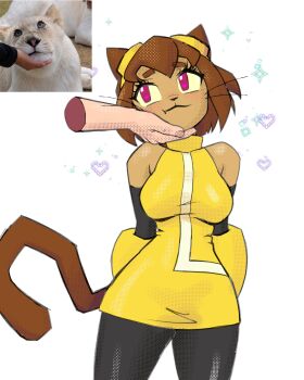 1girl 1other animal_ears breasts brown_hair cat_ears cat_girl cat_tail commentary dress english_commentary furry furry_female gameoverse heart heart_in_eye highres kit_bodega large_breasts photo-referenced red_eyes short_hair solo solo_focus standing symbol_in_eye tail tony_kuusisto white_background yellow_dress