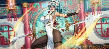 armlet bare_shoulders black_bracer bleach bleach:_brave_souls breasts china_dress chinese_clothes cowboy_shot dress espada facial_mark gauntlets green_hair halterneck high_collar holding holding_weapon hollow_mask jewelry knees_up large_breasts long_hair mask mask_on_head nelliel_tu_odelschwanck official_alternate_costume official_art pantyhose pelvic_curtain second-party_source skull_on_head sleeveless solo solo_focus standing thigh_strap weapon
