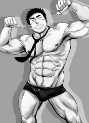 Rule 34 | 1boy, abs, armpit stubble, bara, cowboy shot, doro rich, double biceps pose, facial hair, flexing, goatee stubble, greyscale, grin, highres, large pectorals, light blush, looking at viewer, loose necktie, male focus, mature male, monochrome, muscular, muscular male, navel, necktie, nipples, pectorals, pointing, pointing at self, senpai ga uzai kouhai no hanashi, short hair, sideburns, smile, solo, sparse navel hair, standing, stomach, stubble, takeda harumi (shiromanta), thick eyebrows, topless male