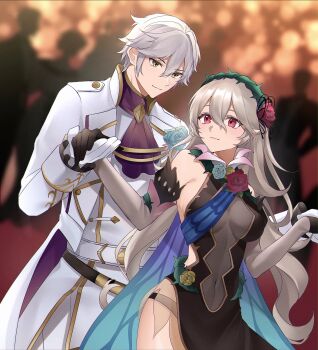 1boy 1girl absurdres ascot bare_shoulders black_gloves breasts brown_eyes closed_mouth covered_navel dress dutch_angle elbow_gloves female_corrin_(fire_emblem) female_corrin_(resplendent)_(fire_emblem) fire_emblem fire_emblem_awakening fire_emblem_fates fire_emblem_heroes formal_clothes gloves grey_hair hair_between_eyes hetero highres long_hair long_sleeves male_robin_(fire_emblem) male_robin_(groom)_(fire_emblem) medium_breasts nintendo official_alternate_costume pointy_ears purple_ascot red_eyes second-party_source see-through_clothes shin_(mac_no) short_hair smile standing suit thighs white_gloves white_hair white_suit