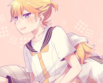 1boy 1girl aoi_choko_(aoichoco) blonde_hair blue_eyes brother_and_sister clothes_lift collarbone covering_face head_on_back hug hug_from_behind kagamine_len kagamine_rin leaning_on_person pillow pink_background ponytail sailor_collar shirt shirt_lift short_ponytail short_sleeves siblings sidelocks simple_background sitting sweatdrop t-shirt teasing twins vocaloid white_shirt